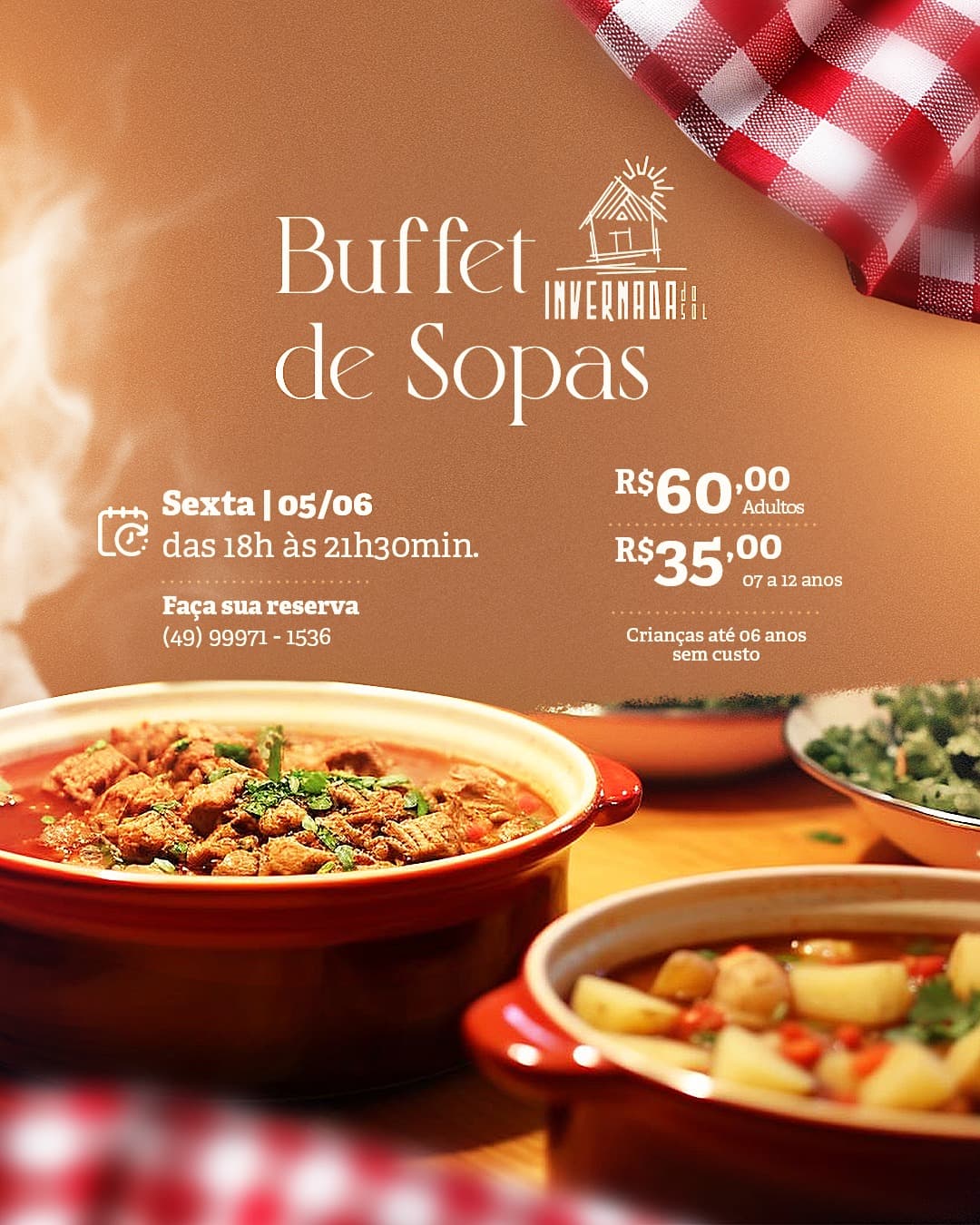 Buffet de Sopas da Invernada do Sol, com panelas de caldos quentes